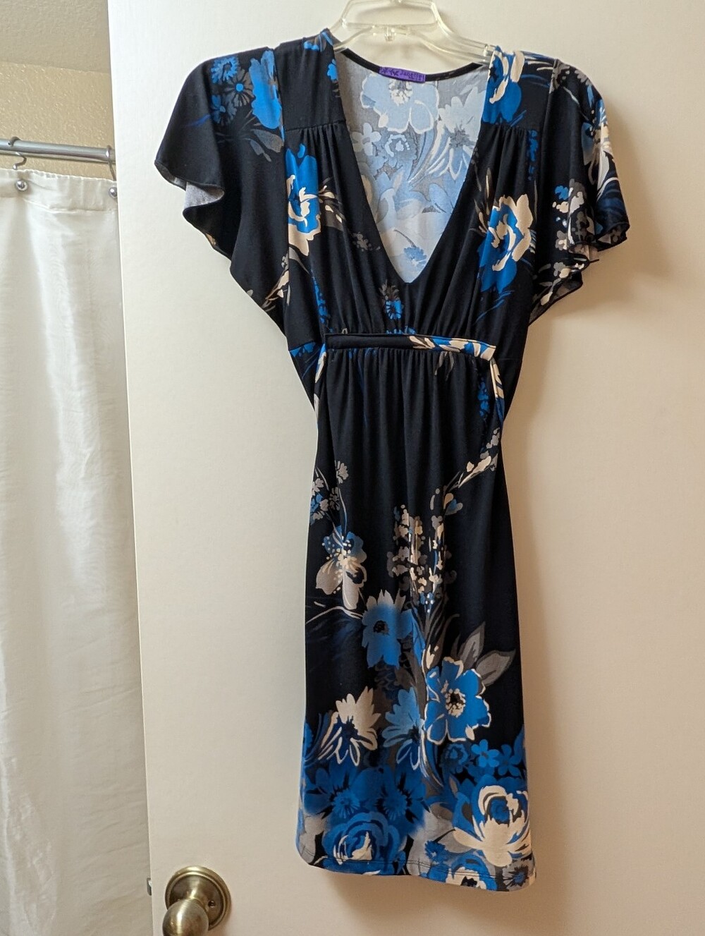 Black Floral V-Neck Flutter Sleeve Dress with Blue Accents